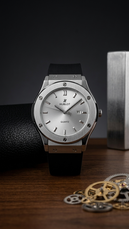 Hublot Style Men’s Watch - Classic Fusion Design with Leather Strap_silver gray