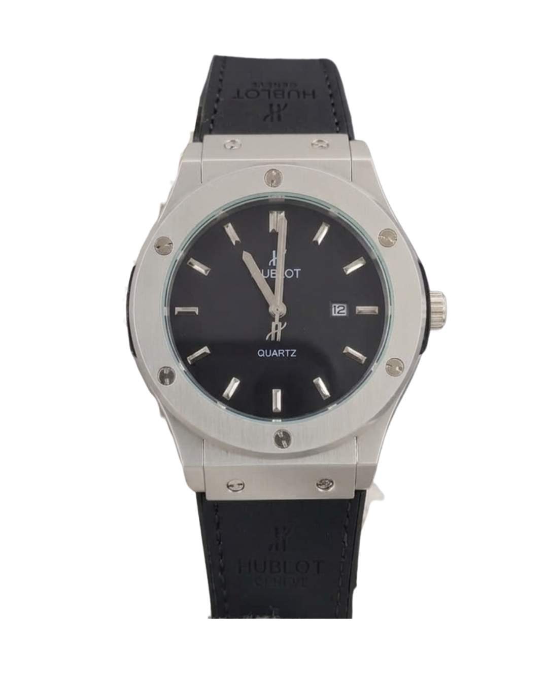 Hublot Style Men’s Watch - Classic Fusion Design with Leather Strap_Silver Black