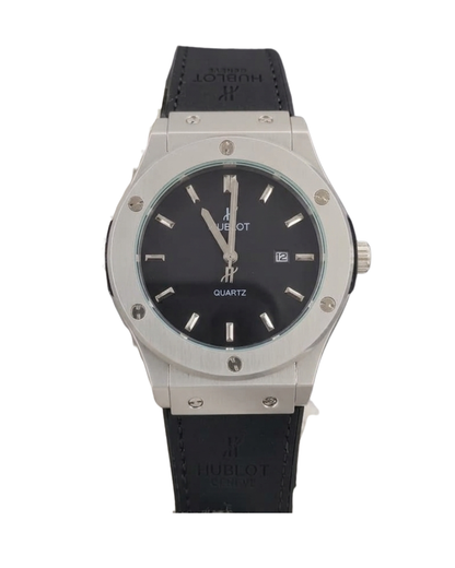 Hublot Style Men’s Watch - Classic Fusion Design with Leather Strap_Silver Black