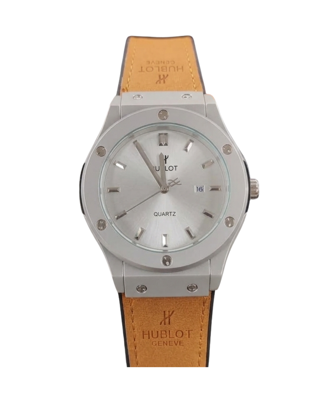 Hublot Style Men’s Watch - Classic Fusion Design with Leather Strap_silver brown