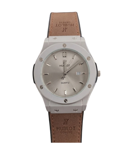 Hublot Style Men’s Watch - Classic Fusion Design with Leather Strap_silver cream