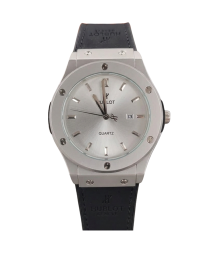 Hublot Style Men’s Watch - Classic Fusion Design with Leather Strap_silver gray