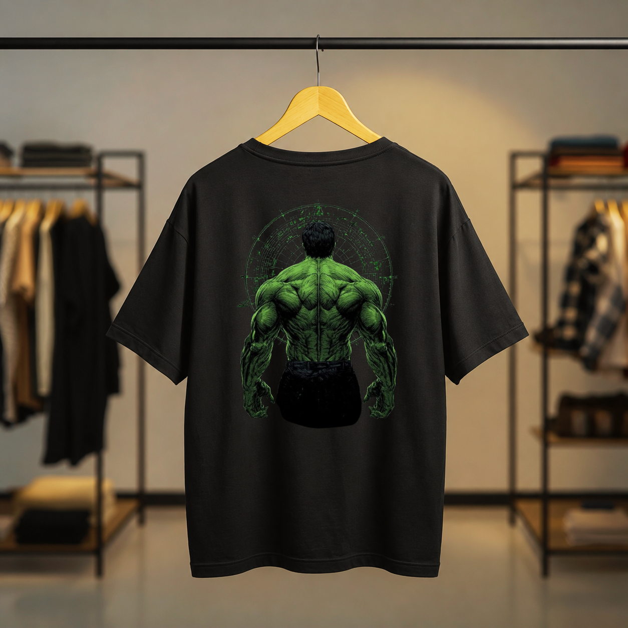 Black T-shirt featuring The Incredible Hulk artwork with a large front graphic, Hulk-themed back print, and Hulk Smash chest graphic.