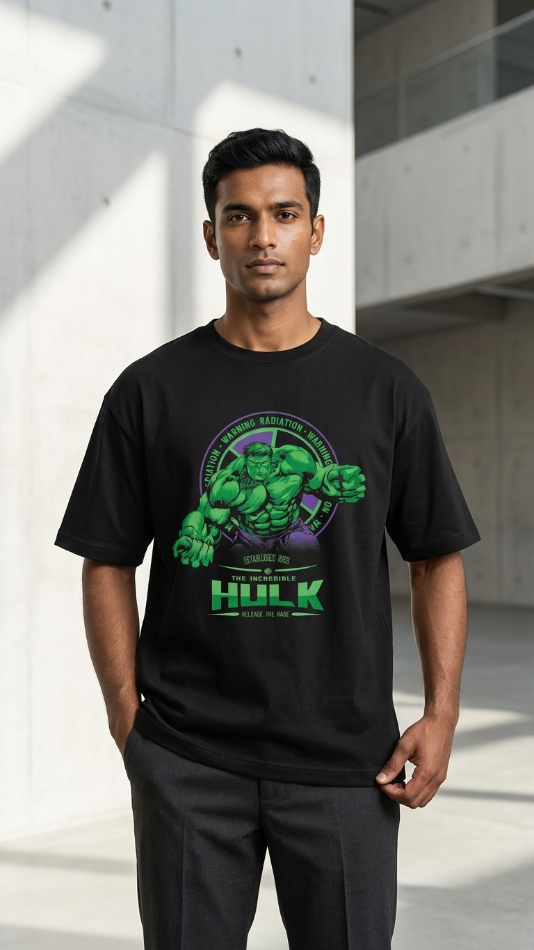 Black T-shirt featuring The Incredible Hulk artwork with a large front graphic, Hulk-themed back print, and Hulk Smash chest graphic.