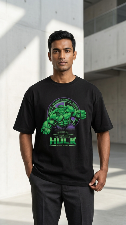 Black T-shirt featuring The Incredible Hulk artwork with a large front graphic, Hulk-themed back print, and Hulk Smash chest graphic.