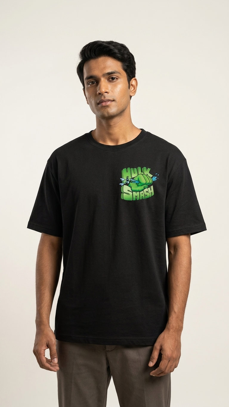 Black T-shirt featuring The Incredible Hulk artwork with a large front graphic, Hulk-themed back print, and Hulk Smash chest graphic.