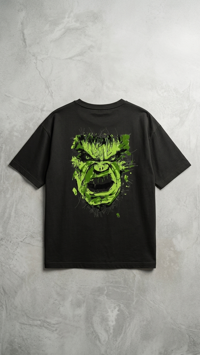 Black T-shirt featuring The Incredible Hulk artwork with a large front graphic, Hulk-themed back print, and Hulk Smash chest graphic.