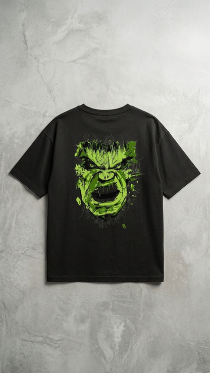 Black T-shirt featuring The Incredible Hulk artwork with a large front graphic, Hulk-themed back print, and Hulk Smash chest graphic.