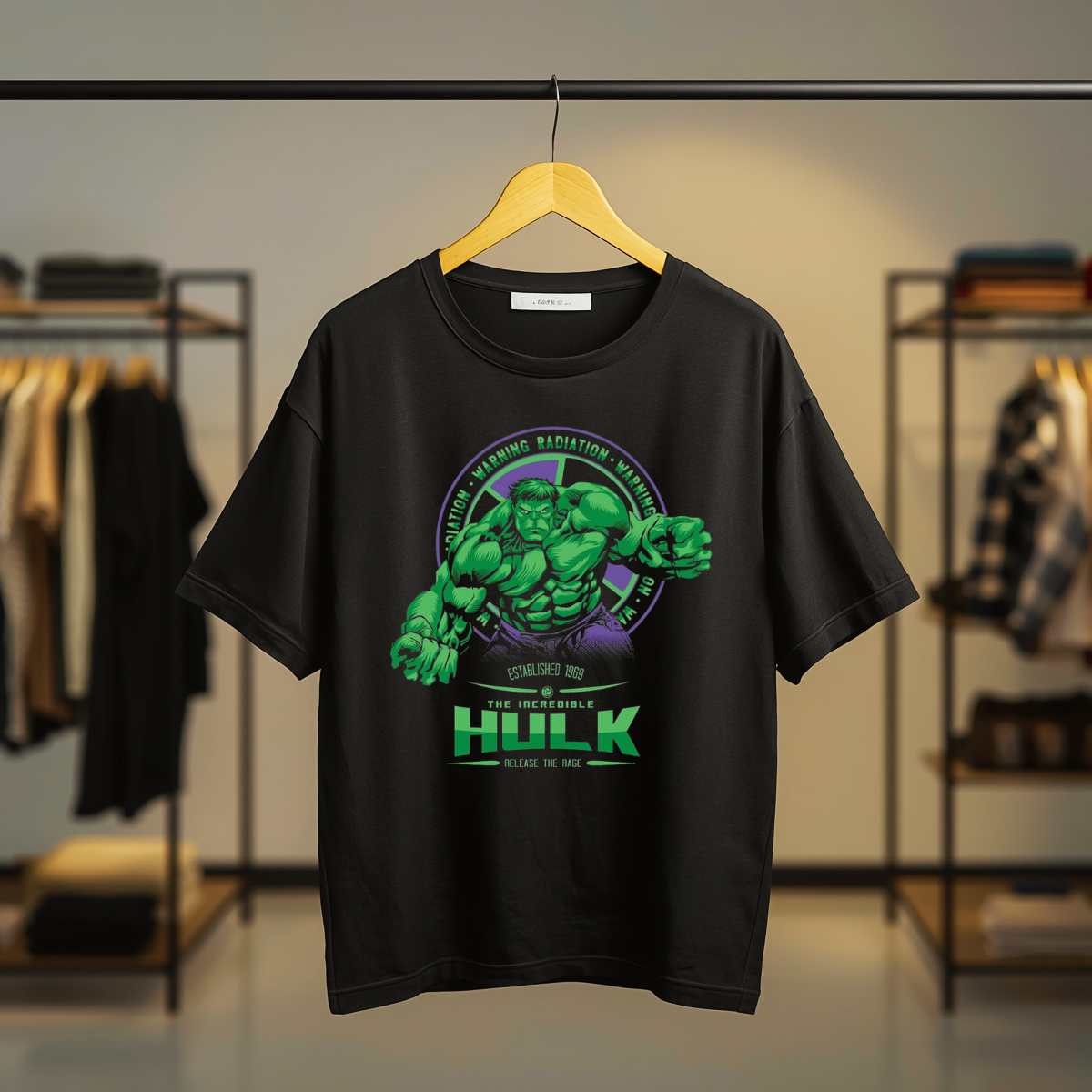 Black T-shirt featuring The Incredible Hulk artwork with a large front graphic, Hulk-themed back print, and Hulk Smash chest graphic.