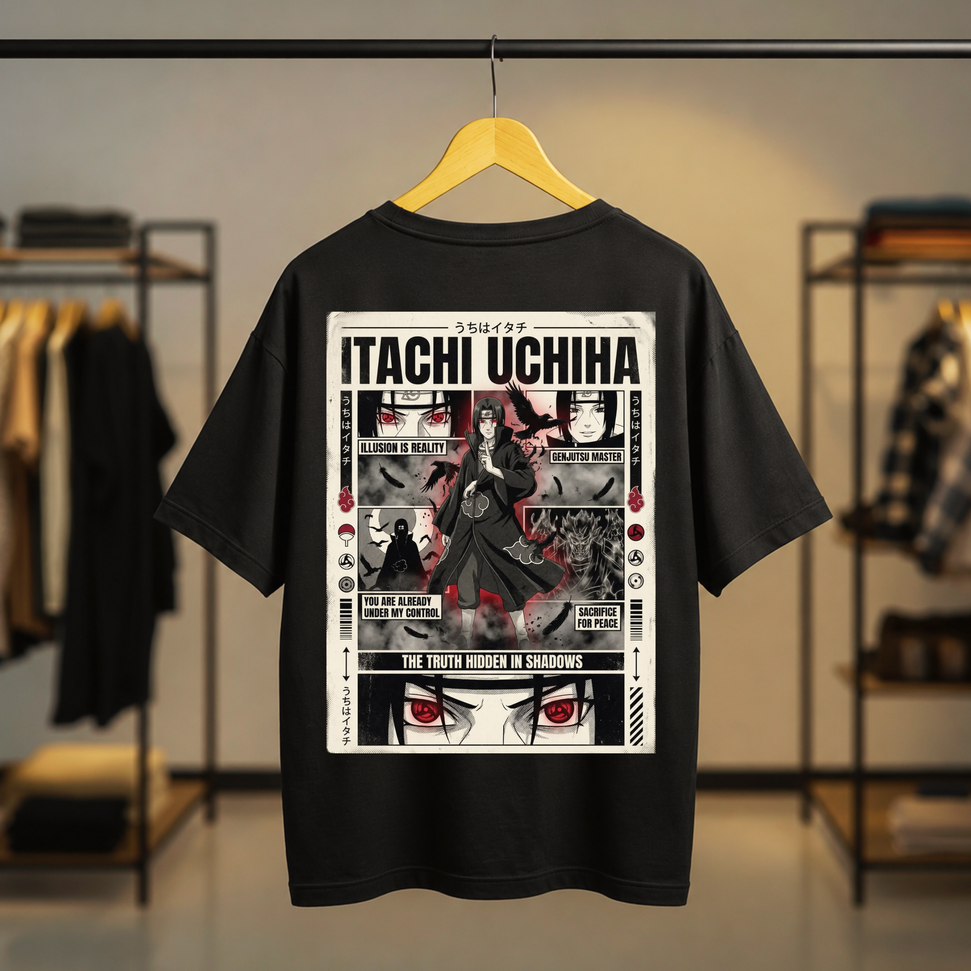 Black T-shirt featuring Itachi Uchiha Sharingan eyes on the front chest and a large Itachi Uchiha anime graphic back print.