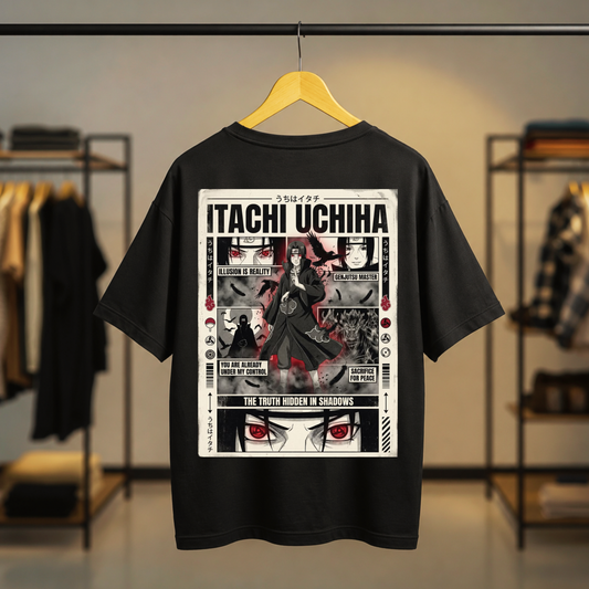 Black T-shirt featuring Itachi Uchiha Sharingan eyes on the front chest and a large Itachi Uchiha anime graphic back print.