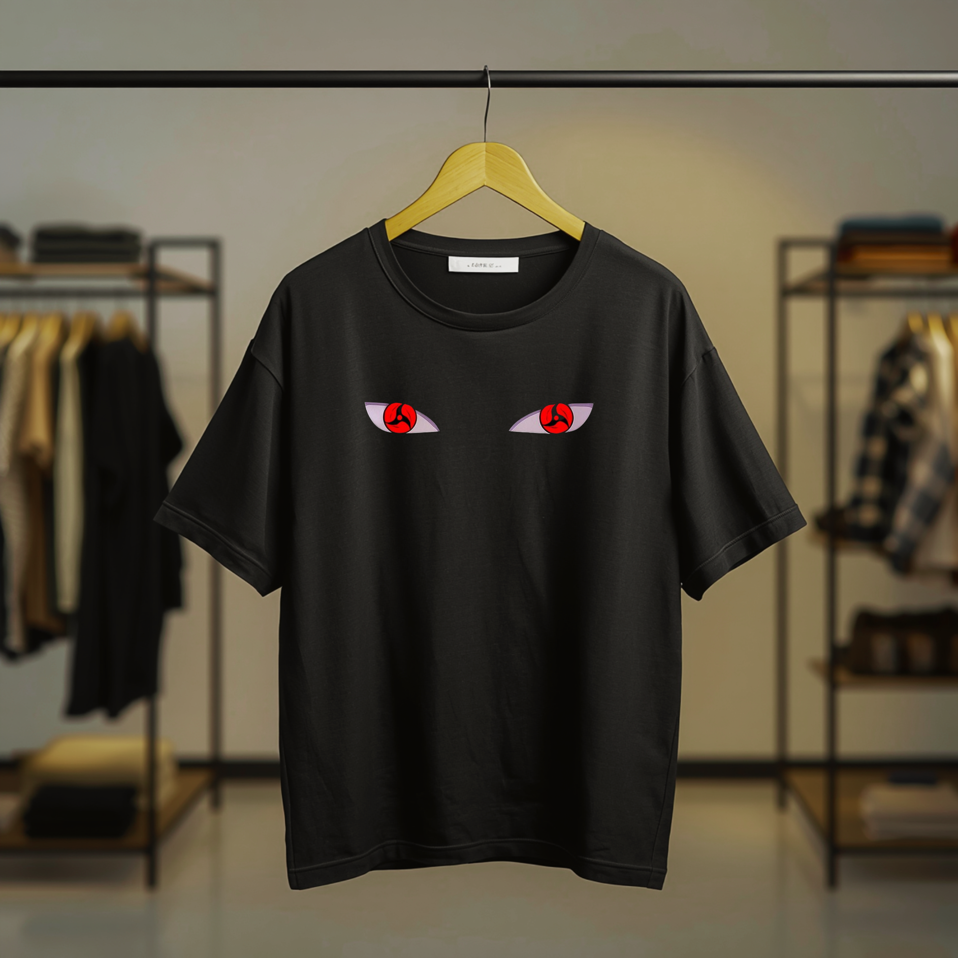 Black T-shirt featuring Itachi Uchiha Sharingan eyes on the front chest and a large Itachi Uchiha anime graphic back print.