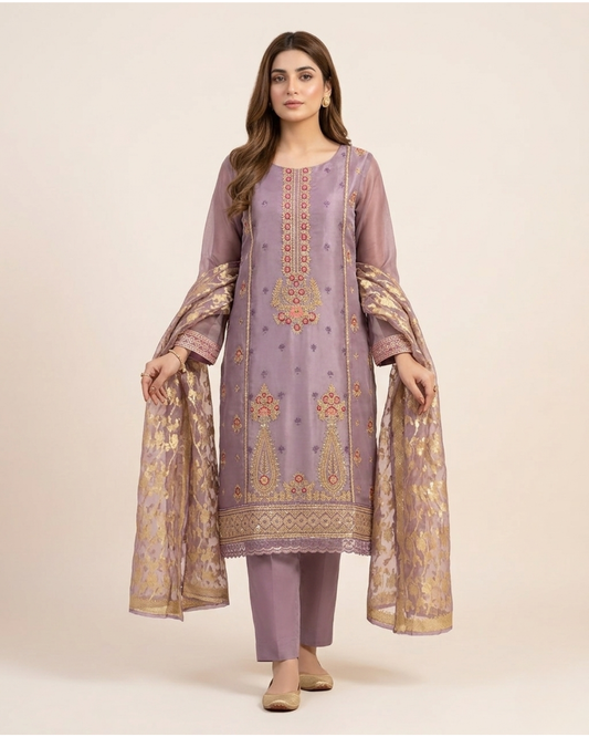 Lavender Embroidered Premium Three-Piece Set.