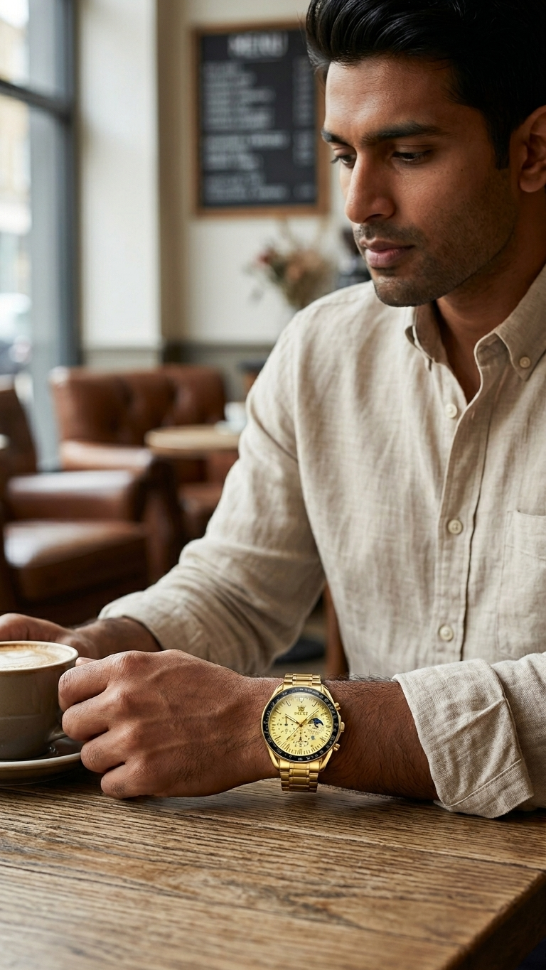 OLEVS MT-12203 Prestige Series - Modern Stainless Steel Men's Watch_Golden