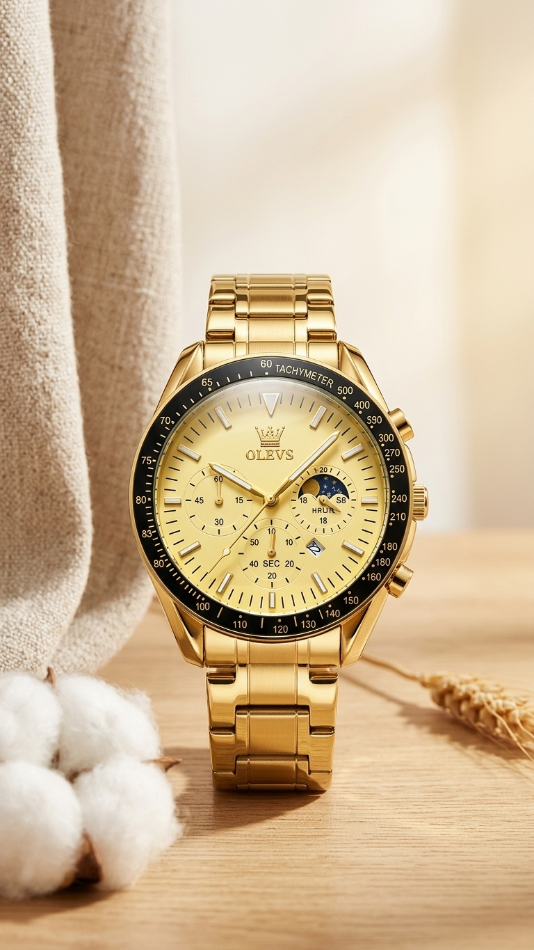 OLEVS MT-12203 Prestige Series - Modern Stainless Steel Men's Watch_Golden