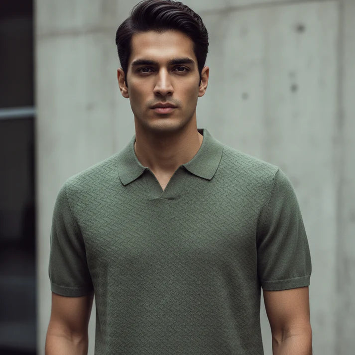 Olive Zig Zag Texture V Neck
 1