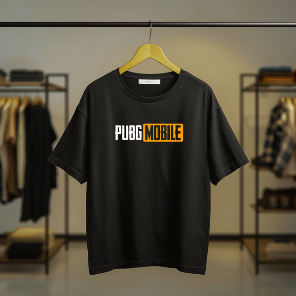 Black T-shirt featuring the PUBG MOBILE logo graphic printed on the front chest.