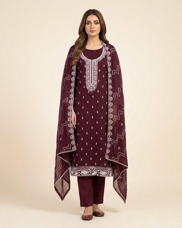 Royal Burgundy Embroidered Premium Three-Piece Set.