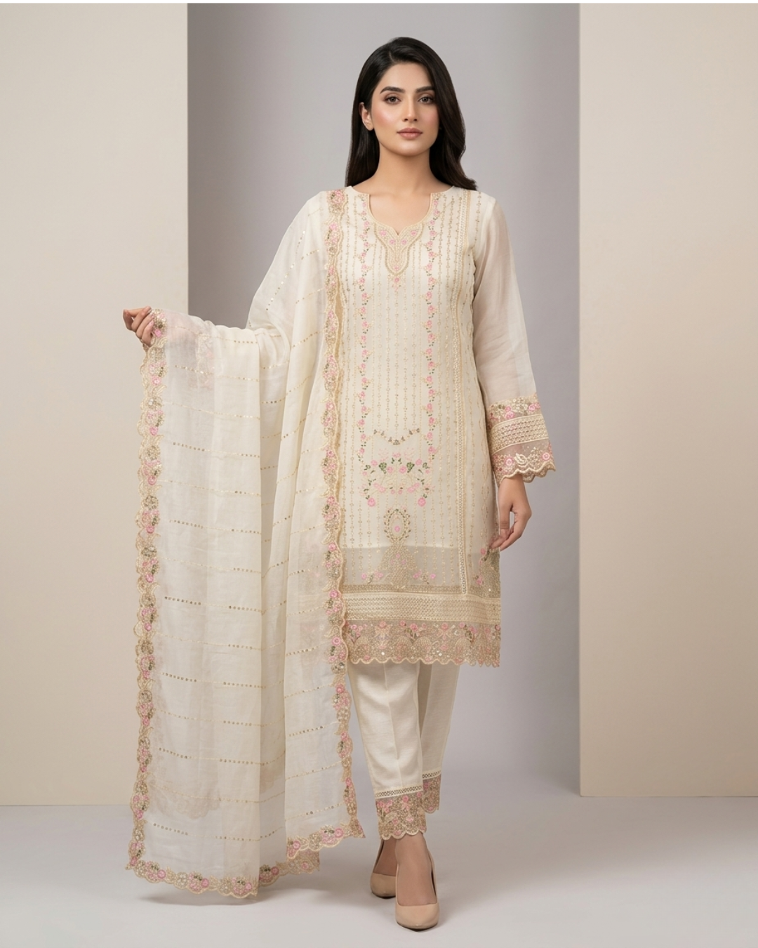 Royal Cream Embroidered Premium Three-Piece Set.