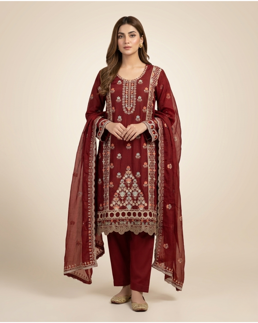 Royal Crimson Embroidered Three-Piece Festive Set.