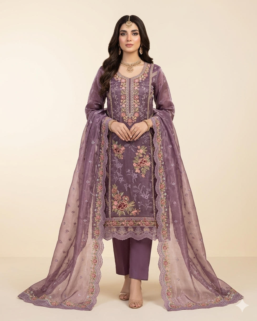 Royal Mauve Embroidered Premium Three-Piece Set.