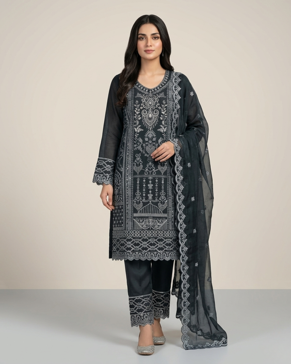 Royal Onyx Shadow Embroidered Premium Three-Piece Set.