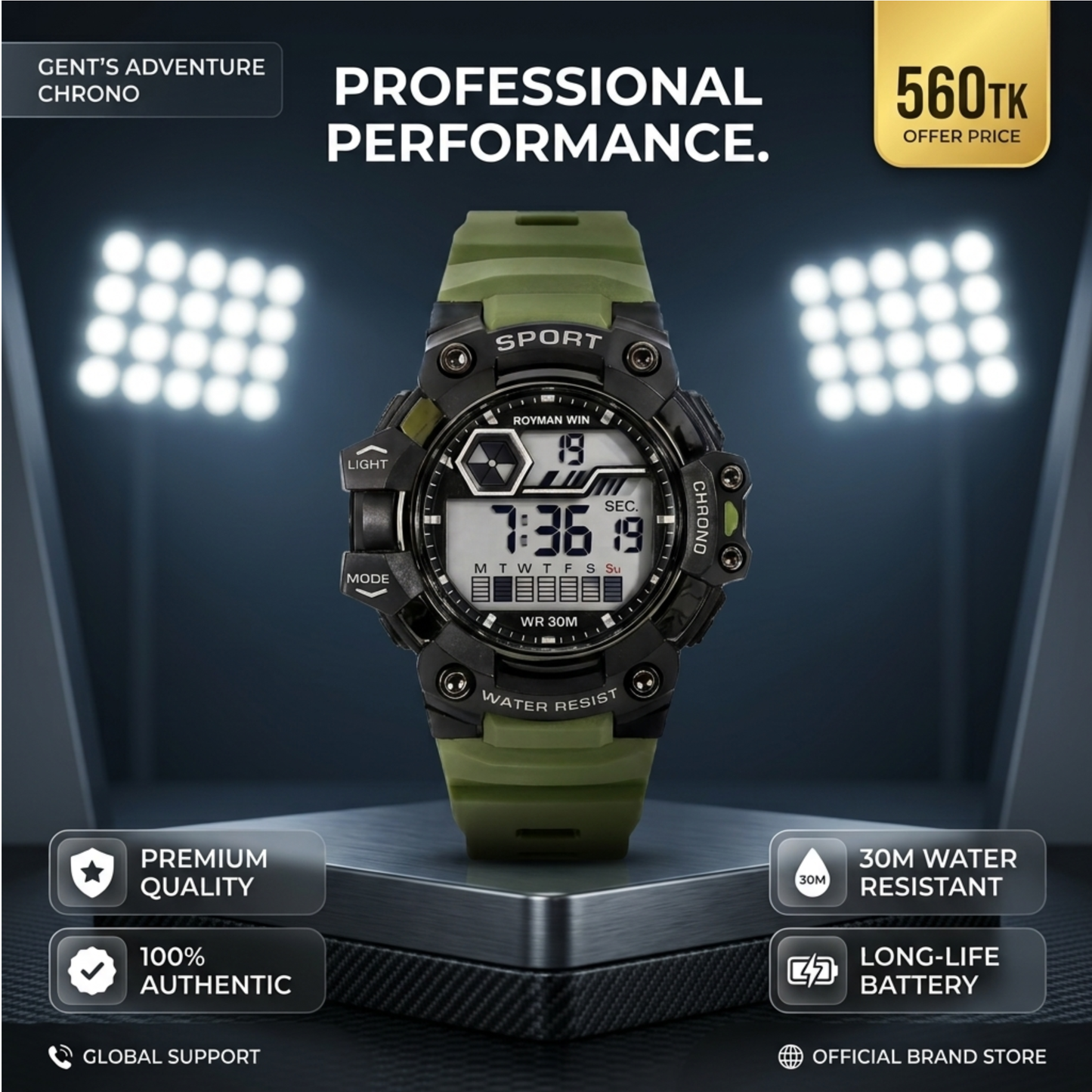 Royman Win digital sport watch with green silicone strap and black round dial