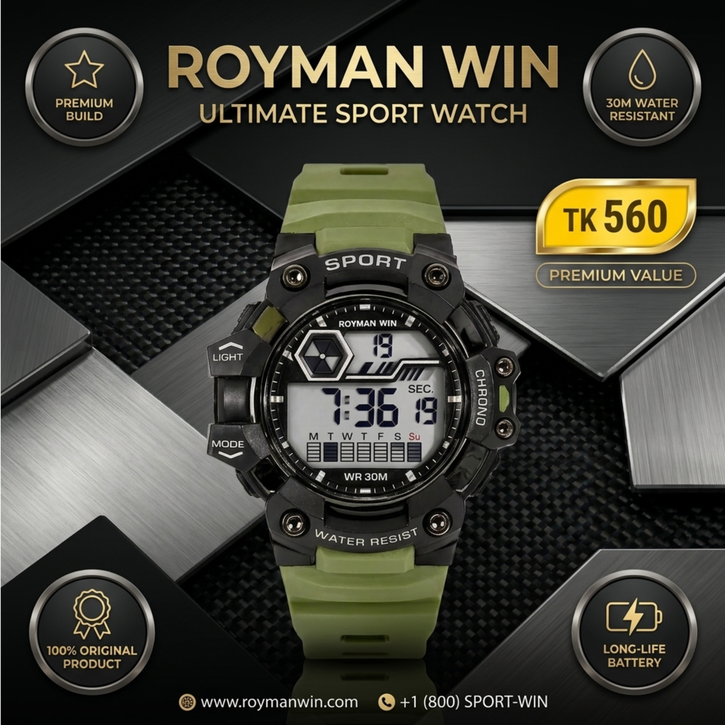 Royman Win digital sport watch with green silicone strap and black round dial