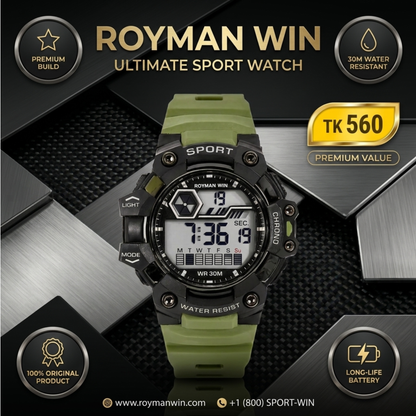 Royman Win digital sport watch with green silicone strap and black round dial