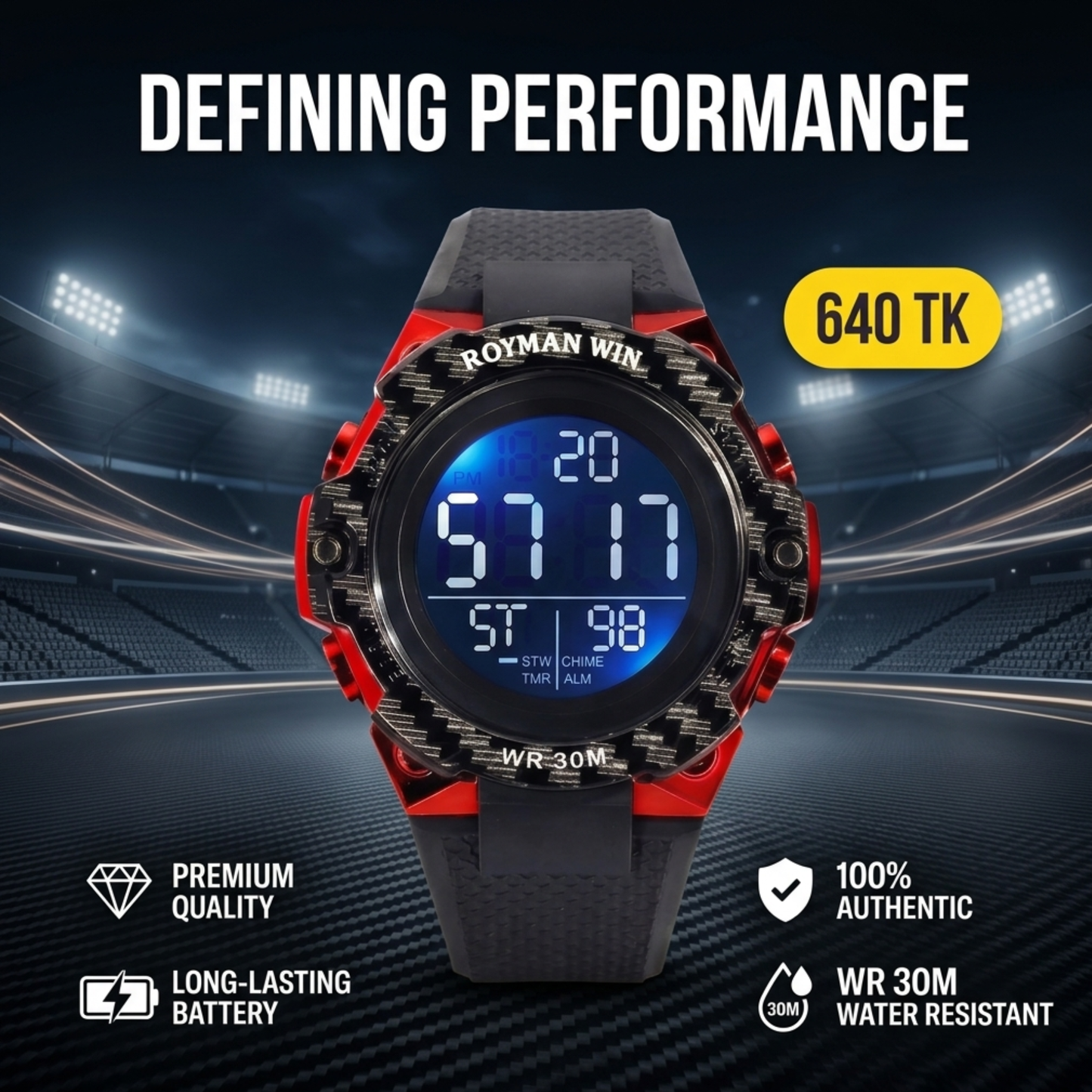 Royman Win Men's Digital Sports Watch Black Red Case