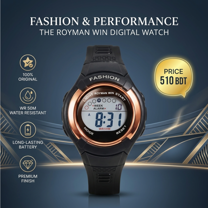 Royman Win men's black digital sports watch with rose gold bezel