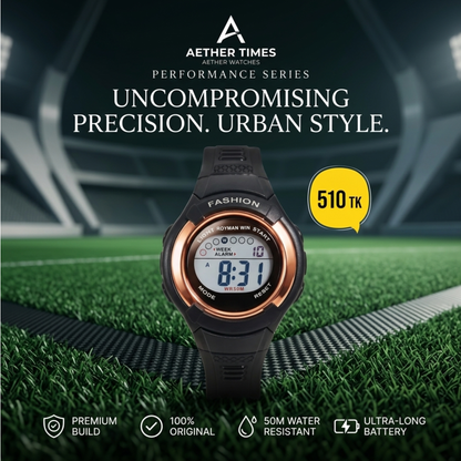 Royman Win men's black digital sports watch with rose gold bezel