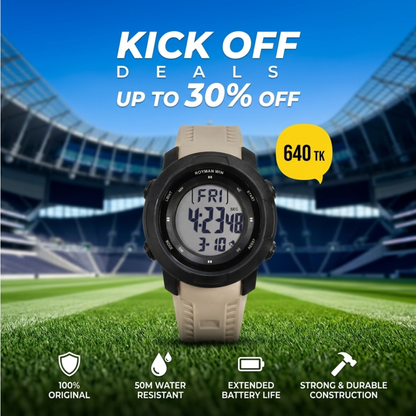 Royman Win Men's Digital Sports Watch – Black Round Dial with Beige Strap