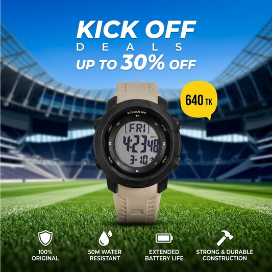 Royman Win Men's Digital Sports Watch – Black Round Dial with Beige Strap