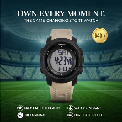 Royman Win Men's Digital Sports Watch – Black Round Dial with Beige Strap