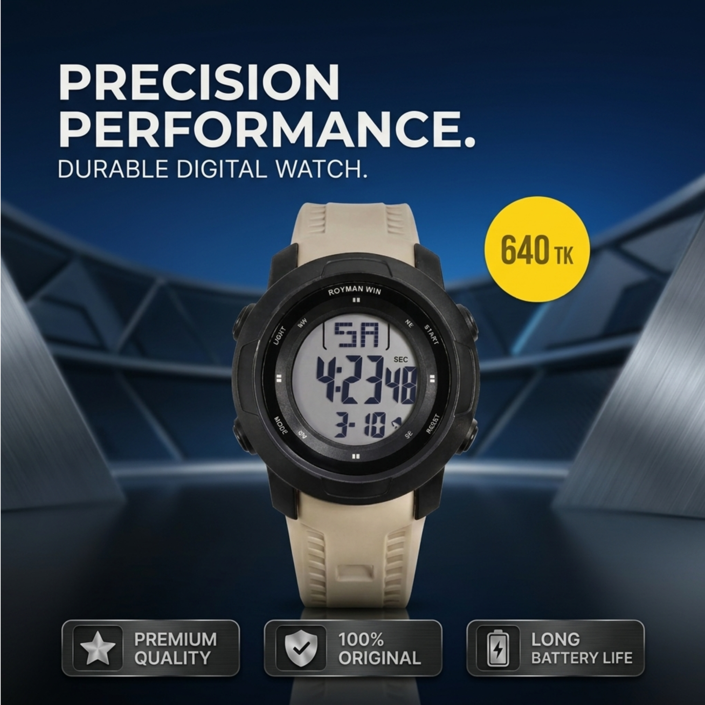 Royman Win Men's Digital Sports Watch – Black Round Dial with Beige Strap
