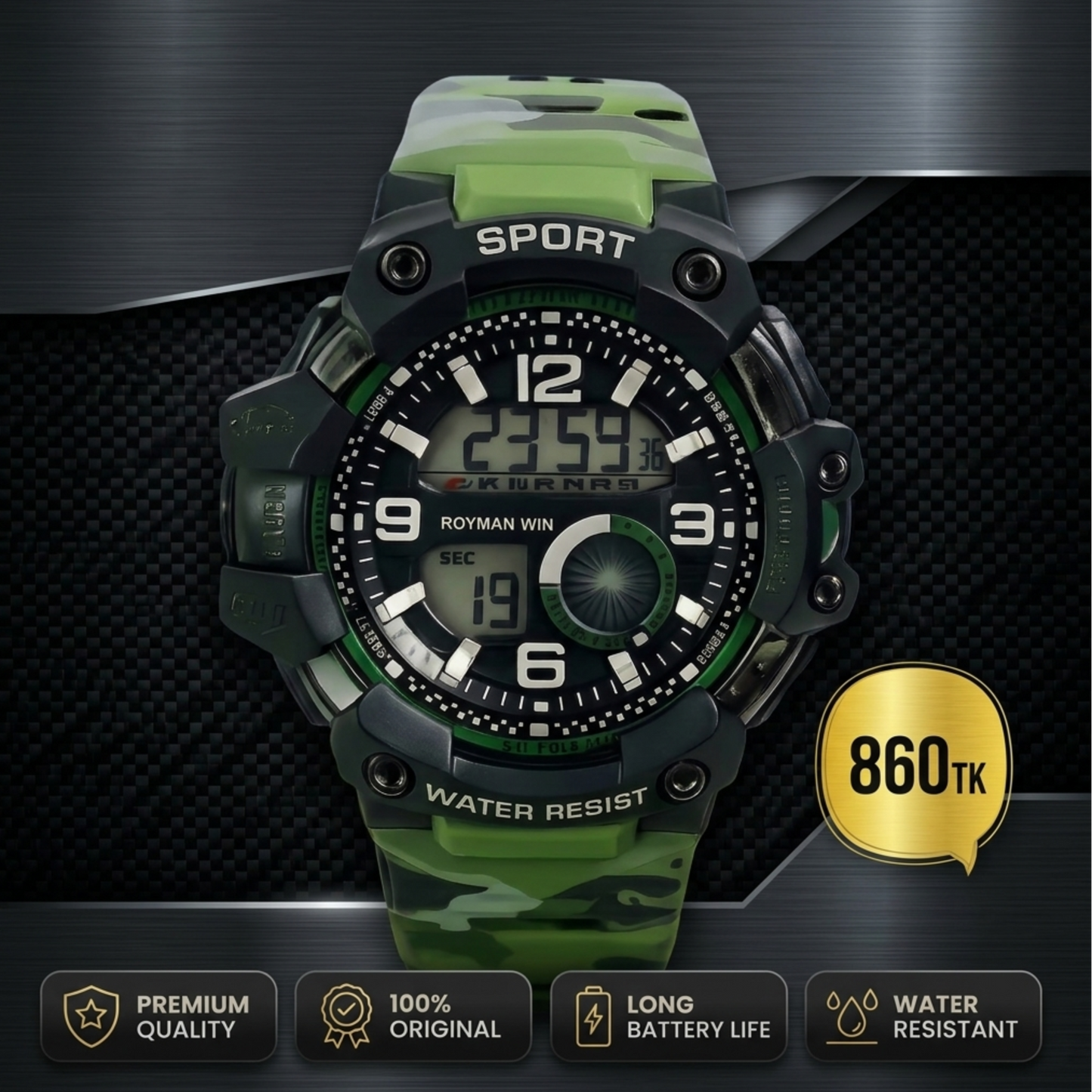Royman Win Men's Digital Sports Watch – Green Camouflage Design