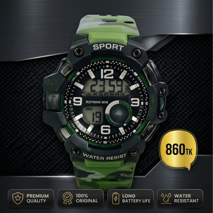 Royman Win Men's Digital Sports Watch – Green Camouflage Design