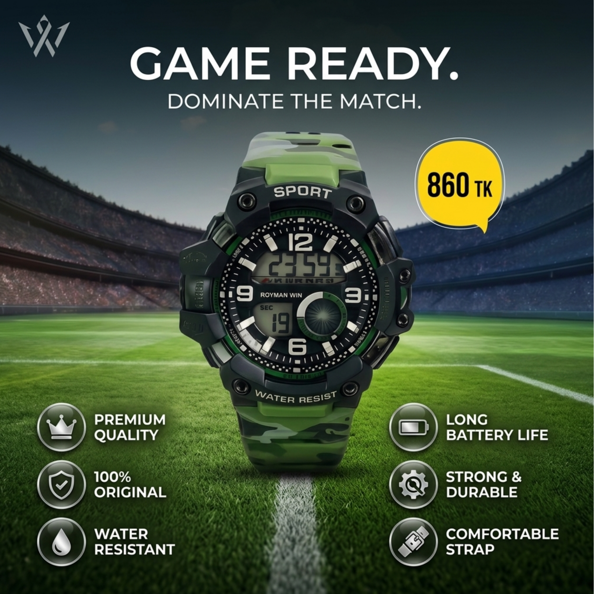 Royman Win men's digital sports watch with green camouflage strap and black round dial