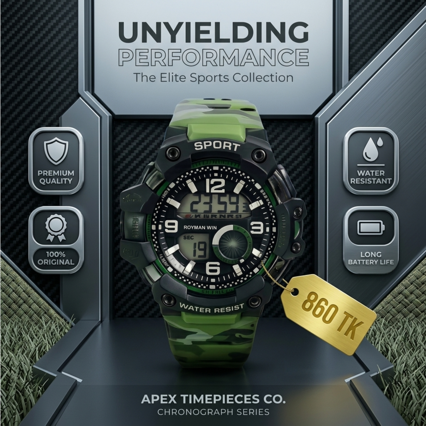 Royman Win Men's Digital Sports Watch – Green Camouflage Design