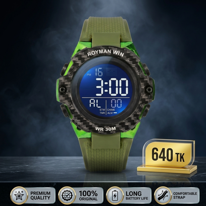 Royman Win men's digital sports watch with green strap and black round dial