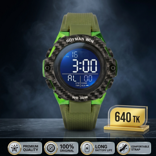 Royman Win men's digital sports watch with green strap and black round dial