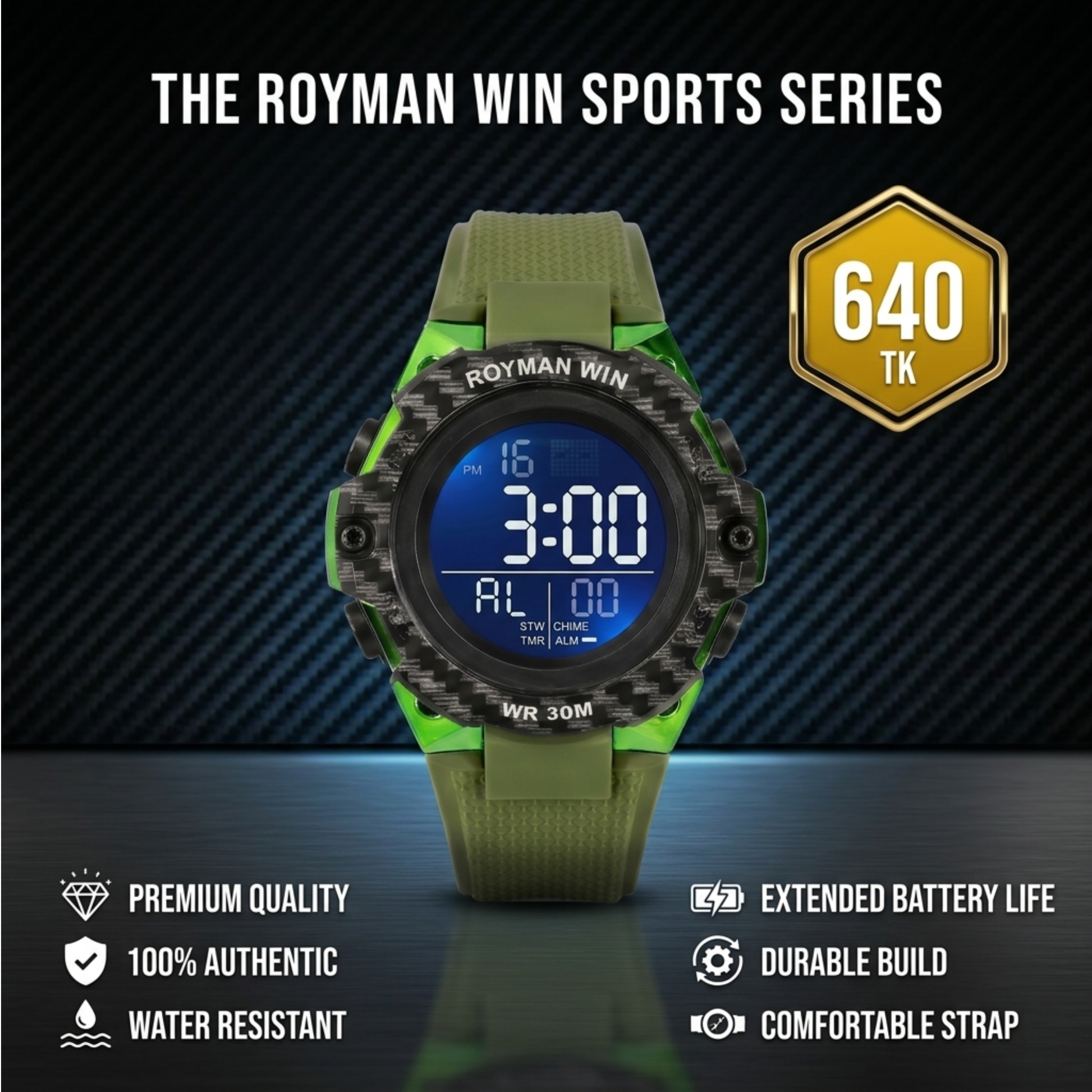 Royman Win men's digital sports watch with green strap and black round dial