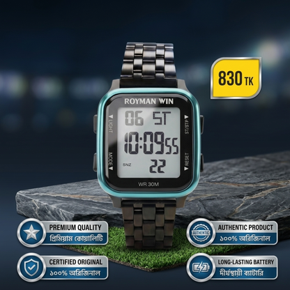 Royman Win men's square digital stainless steel wrist watch with black metal strap and blue bezel