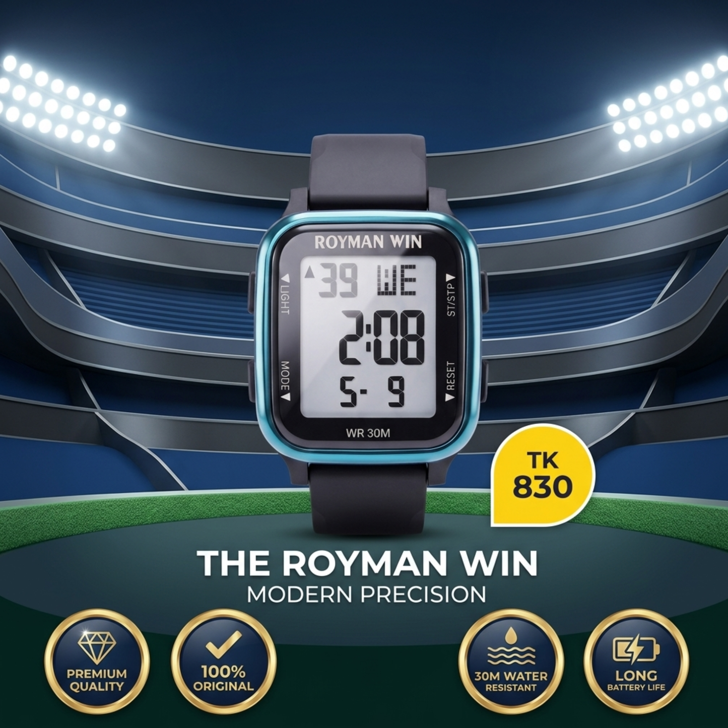 Royman Win men's blue case digital watch with black strap