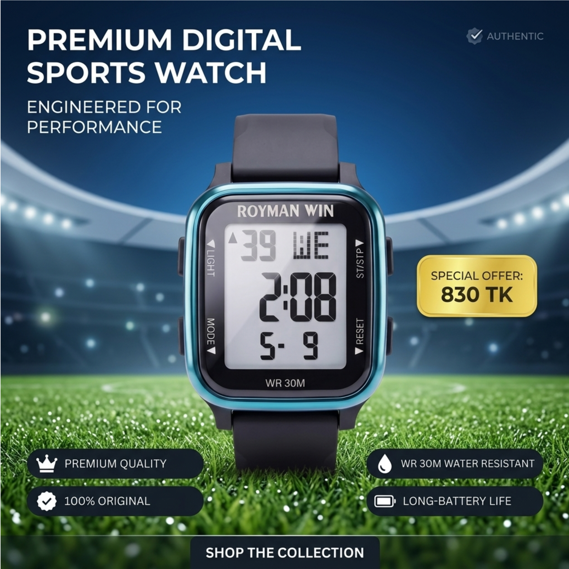 Royman Win men's blue case digital watch with black strap