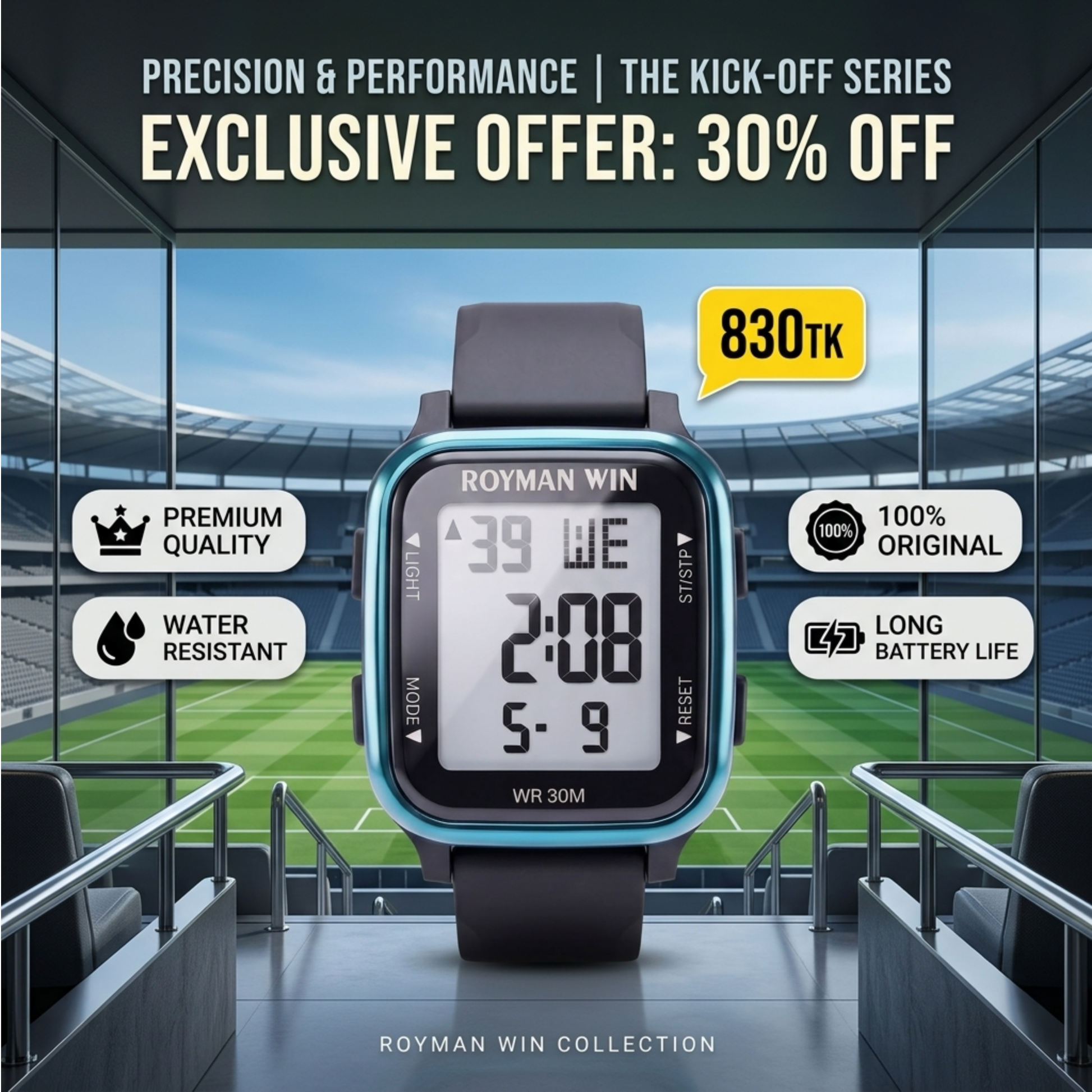 Royman Win men's blue case digital watch with black strap