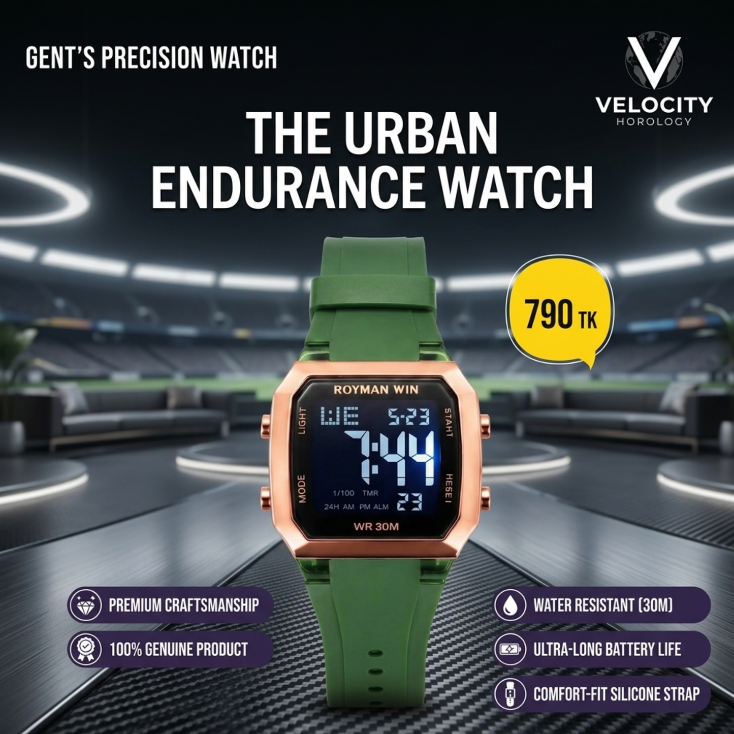 Royman Win Men's Digital Watch Green Strap Rose Gold Case