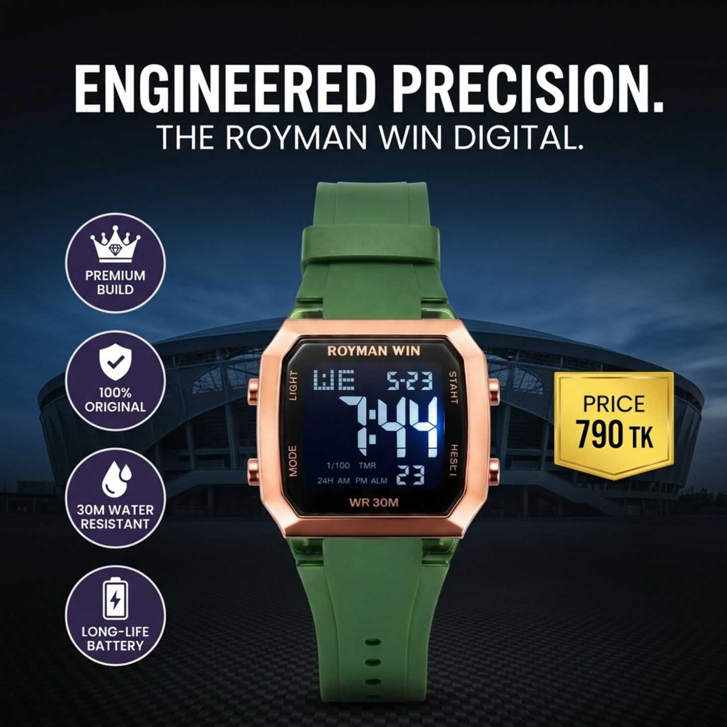 Royman Win Men's Digital Watch Green Strap Rose Gold Case