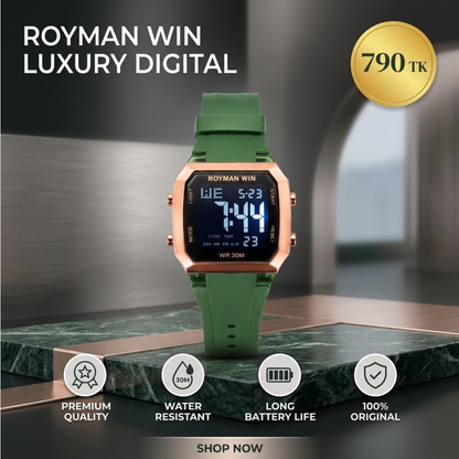 Royman Win Men's Digital Watch Green Strap Rose Gold Case
